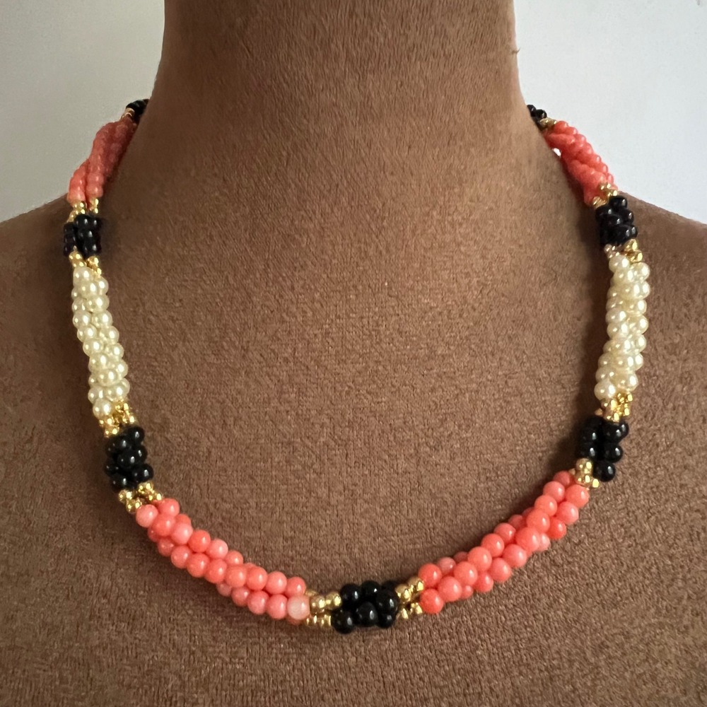 Vintage German Silver Multi Strand Beaded Necklace Coral Pink White Black 18"